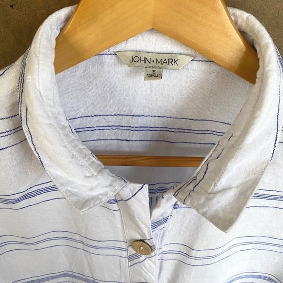 size‎ S John Mark linen white/blue striped button blouse cinch 3/4 sleeve - Picture 5 of 8
